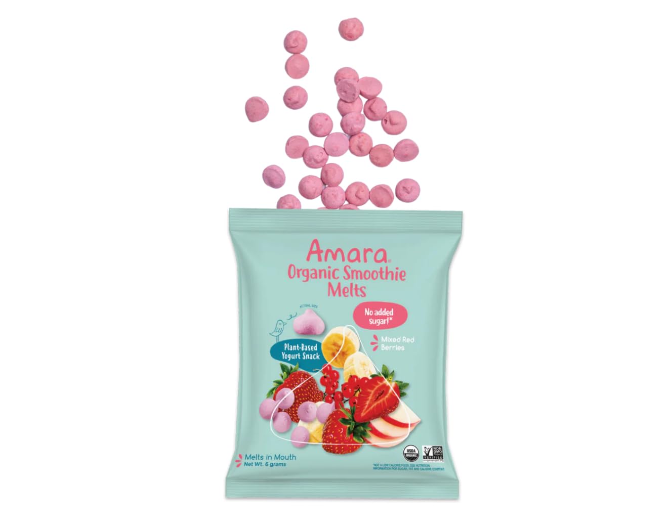 Amara Organic Smoothie Melts, Mixed Berry Flavor, Dairy Free Toddler Snacks, No Added Sugar, 20 Single Serve Pouches, 6g Each