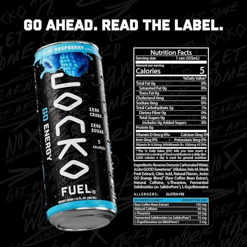 Jocko Fuel GO Energy Drinks, Blue Raspberry - 95mg Caffeine with Added Adaptogens, Vitamin B12 & B6, & L Theanine for Mood & Focus Support, No Sugar
