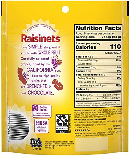 Dark Chocolate Raisinets, Ferrero Valentine's Day Candy Stand Up Reclosable Bag, 8 Ounce