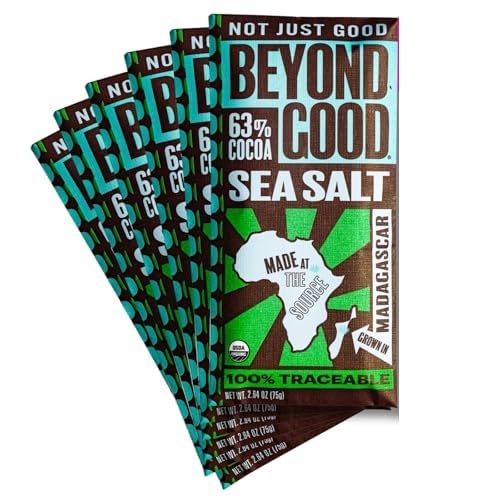 Beyond Good 63% Cocoa Dark Chocolate with Sea Salt | 6 Pack - Chocolate Bars | Organic, Direct Trade, Vegan, Kosher, Non-GMO | Single Origin Heirloom