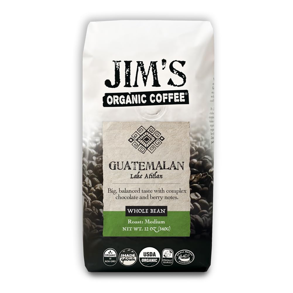 Jim’s Organic Coffee - Guatemalan Lake Atitlan - Single Origin, Medium Roast - Whole Bean 12 oz Bag