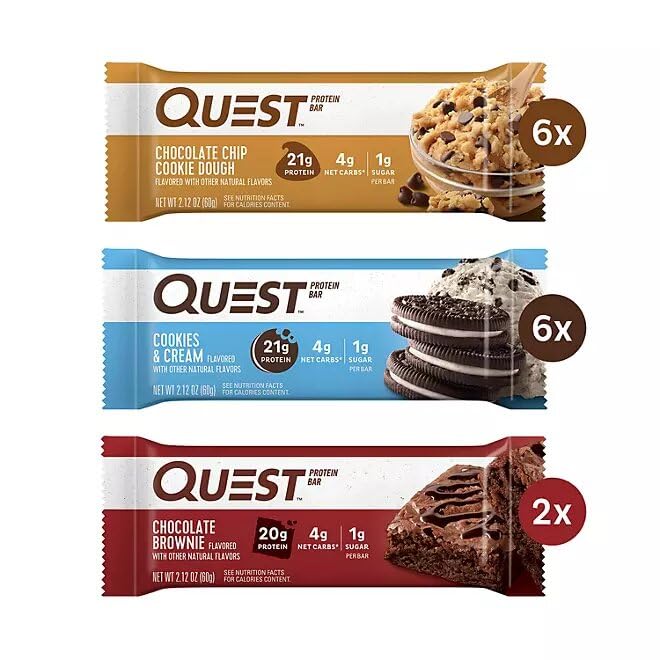 evsemo Quest Protein Bars Gluten Free, Variety Pack | Chocolate Chip Cookie Dough, Cookies & Cream and Chocolate Brownie Bars | (14 ct.)