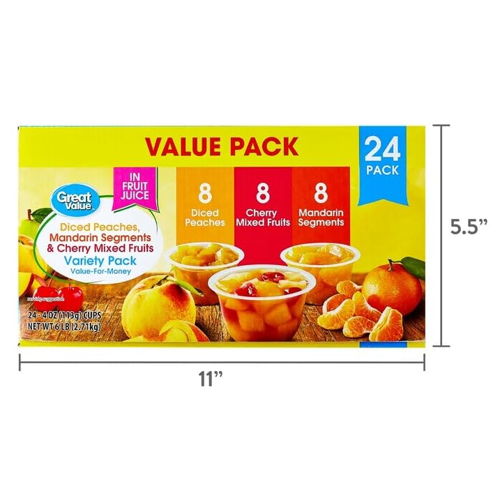 Great Value Fruit Cup Variety Pack, Diced Peaches, Mandarin Segments & Cherry Mixed Fruits in Fruit Juice, 4 oz, 24 Count (Pack of 2)