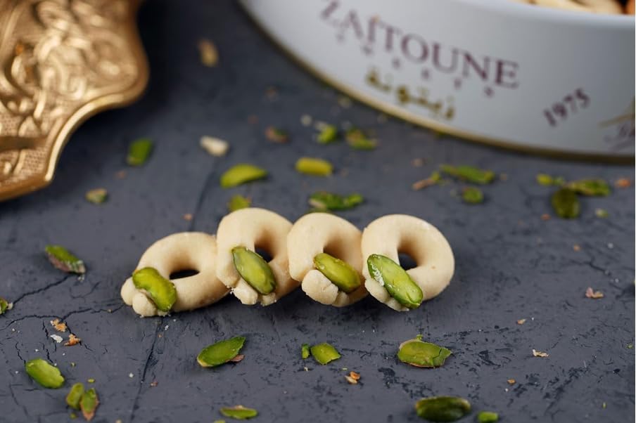 Zaitoune Ghraybeh Cookies - 9 oz | Traditional Middle Eastern Pistachio Shortbreads Handcrafted in Turkey | Beautiful Reusable Gift Tin | Perfect