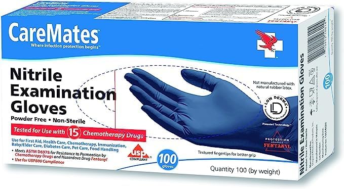 CareMates Nitrile Medical Exam Gloves, Latex Free Rubber, Powder Free, Extra Strong, 4 Mil Thick, Certified for Home Infusion, First Aid, Food Safe