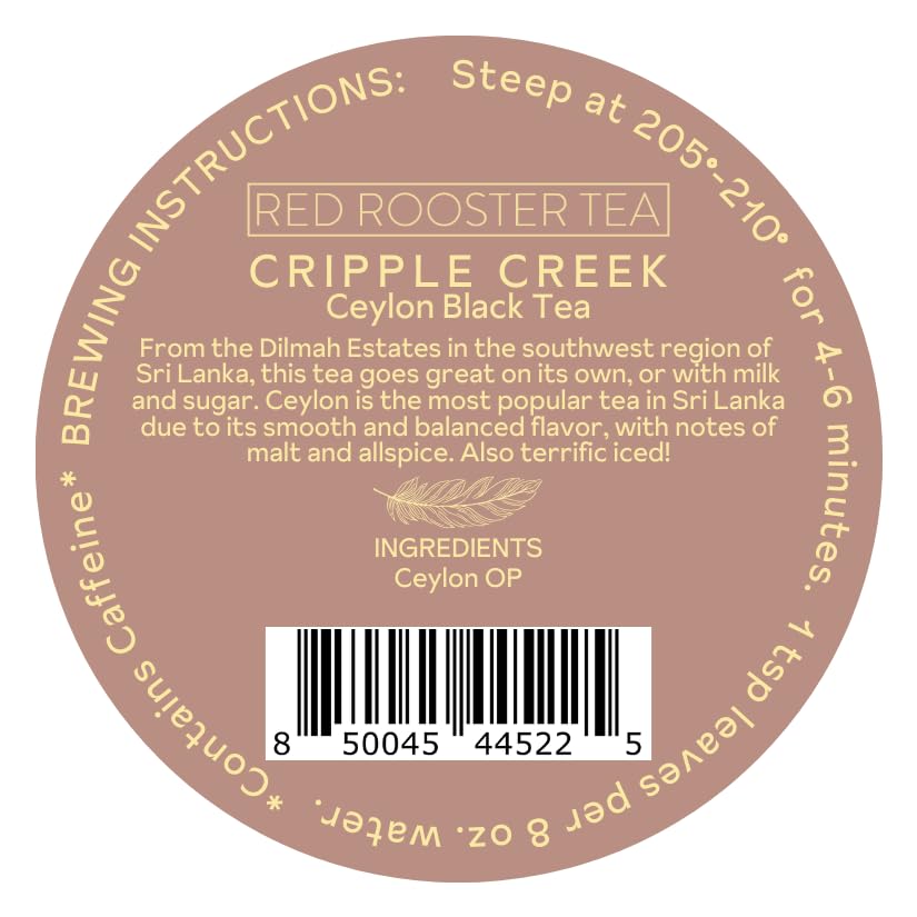 Red Rooster Tea Cripple Creek Ceylon - Single Estate Whole Leaf Black Tea - 3oz Canister - Bright, Citrusy Flavor - Makes ~43 Cups