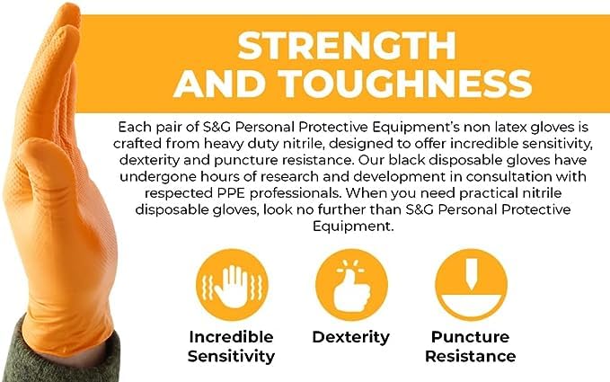 S&G Orange Nitrile Gloves | 100 Pcs | Medium | Disposable Latex-Free 8Mil Thick Heavy Duty Powder-Free for Mechanics, Industrial