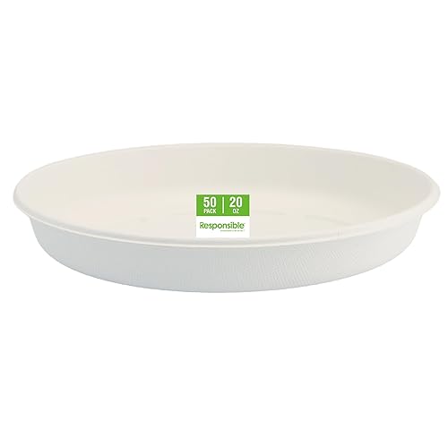 Responsible Products 20 oz Oval Disposable Bowls I Tree-Less™ Compostable Molded Fiber Burrito Bowls I Extra Strength I NO-PFAS I Classic White (50