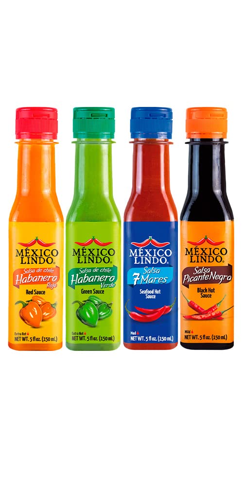 Mexico Lindo Hot Sauce Variety Pack | Includes One Bottle Each of Picante Negra + Red Habanero + Green Habanero + 7 Mares | 5 Fl Oz Bottles (Pack