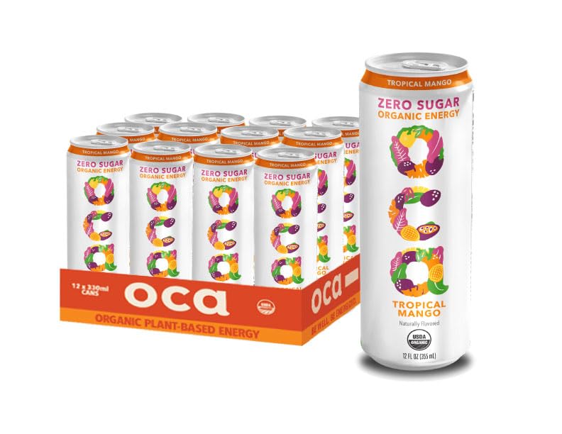 OCA ZERO Tropical Mango, Organic energy drink, zero sugar, gluten-free, vegan plant-based, 12 Fl Oz (12 pack)