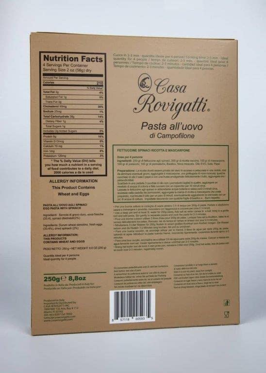 Fettuccine With Spinach (Pack of 4) - Italian Fettuccine Pasta Agli Spinaci From the region of Di Campofilone- Imported Italian Egg Pasta- 8.8 ounces