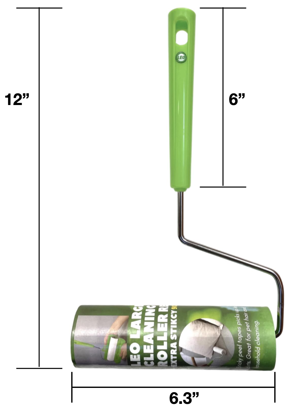 Leo 6.3-Inch Wide Lint Roller with 12-Inch Handle, Dog Hair Roller for Pet Cat Hair Removal, Super Sticky Roll Floor Refill, Leo Cleaning Roller