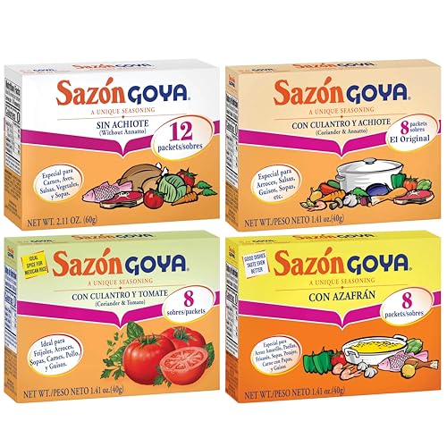 Sazon Goya Unique Seasoning Variety 4-Pack Bundle, Culantro Y Achiote (with Coriander & Annatto),Con Azafran, Coriander and Annatto, Sazon Without
