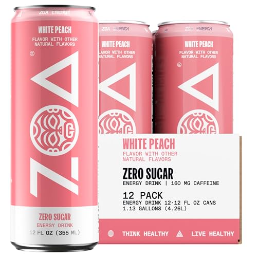 ZOA Zero Sugar Energy Drinks - White Peach | Healthy Energy Formula with Natural Caffeine, Daily Vitamin C, Essential B-Vitamins | Gluten-Free, Keto