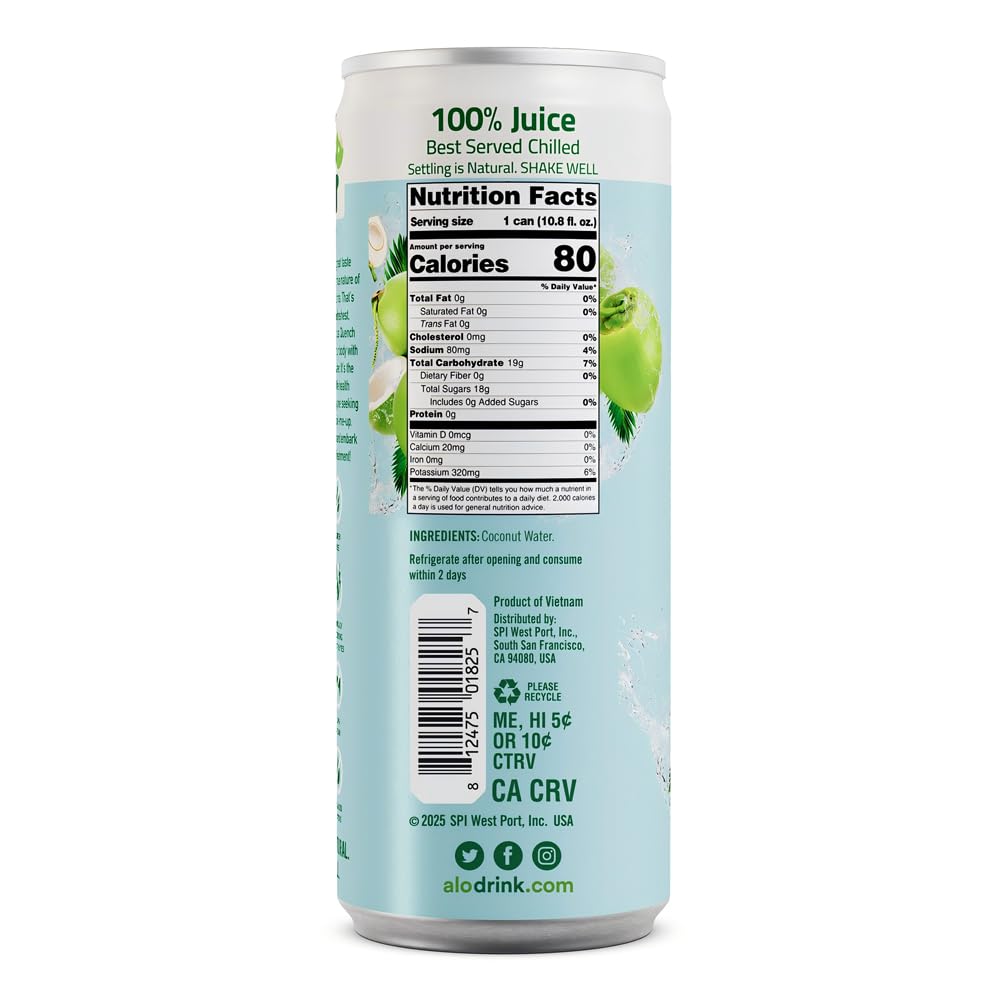 ALO | 100% Pure Coconut Water, Not From Concentrate | 12 Pack | 10.8 oz (320mL) Aluminum Cans