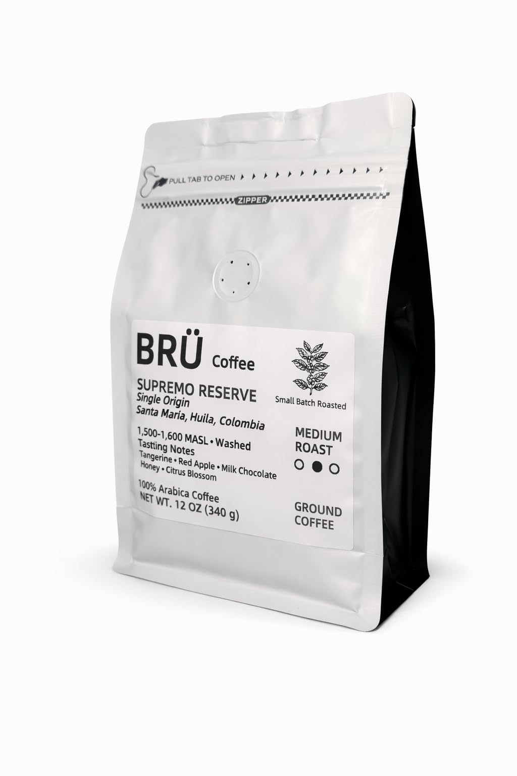 BRÜ Coffee Colombian Ground Coffee - Medium Roast - Single Origin - Huila High Elevation - 100% Arabica - Washed