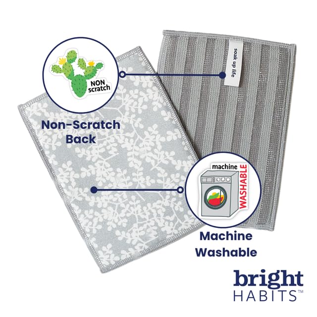 Bright Habits Scrubby Machine Washable Dishcloth Set in Dots Blue, 4 Pack 2 in 1 Non Scratch Reusable Quick Dry Cleaning Cloths Made from Recycled