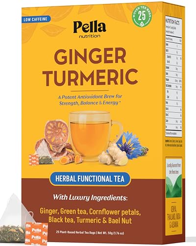 Ginger Turmeric with Black & Green Tea - Blended with Bael Nut & Cornflower Petals - Vegan, Kosher, Non-GMO Low Caffeine - Hot or Iced Herbal Drink