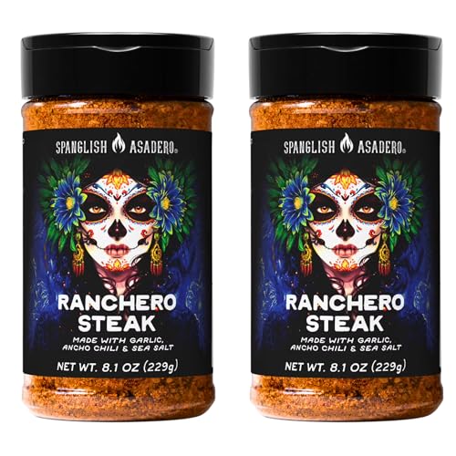 Spanglsh Asadro Ranchero Steak Seasoning 2 Pack, 8.1 oz Bottles, Bold Garlic Ancho Chili & Smoky Steak Rub, Gluten Free Mexican Style Seasoning