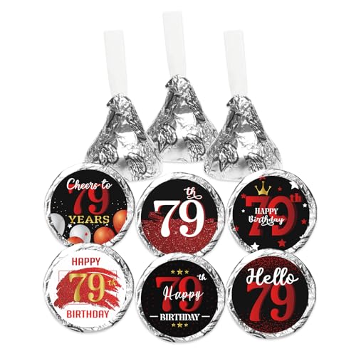 Happy 79th Birthday Party Favor Labels Chocolate Candy Stickers - 79 Years Old Birthday Round Candy Sticker Party Favors - Black and Red - 150