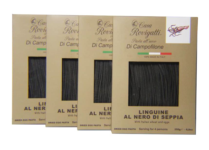 Linguine with Ink of Squid (Pack of 4) - Italian Linguine Al Nero Di Seppia Pasta From the Region of Di Campofilone- Imported Italian Egg Pasta- 8.8