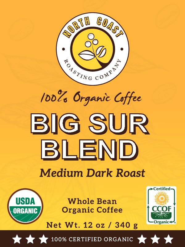 North Coast Roasting Company, Medium Dark Roast, Low Acid Organic Coffee, Whole Bean - Big Sur Blend, USDA Certified Organic Coffee Beans, 12 Ounce