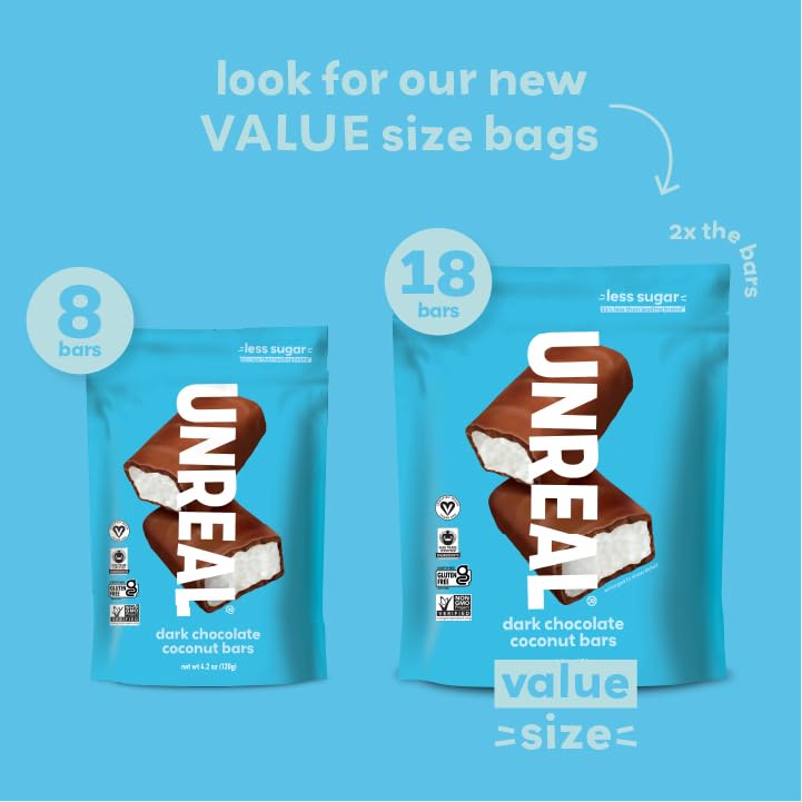 UNREAL Dark Chocolate Coconut Bars (2 Value Size Bags) | Vegan, 3g Sugar, & 3 Simple Ingredients | Non-GMO, Gluten Free, & Fair Trade | 9.5oz each