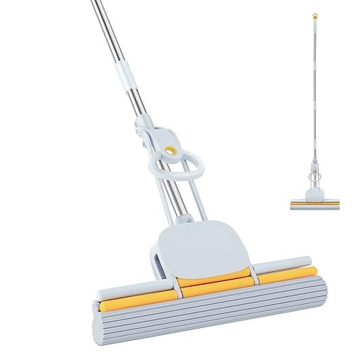 PVA Sponge Mops for Floor Cleaning Squeeze with 60" Long Handle, Self Wringing Mop with 15" Head for Kitchen Bathroom Tiles, Sponge Mops for Floor