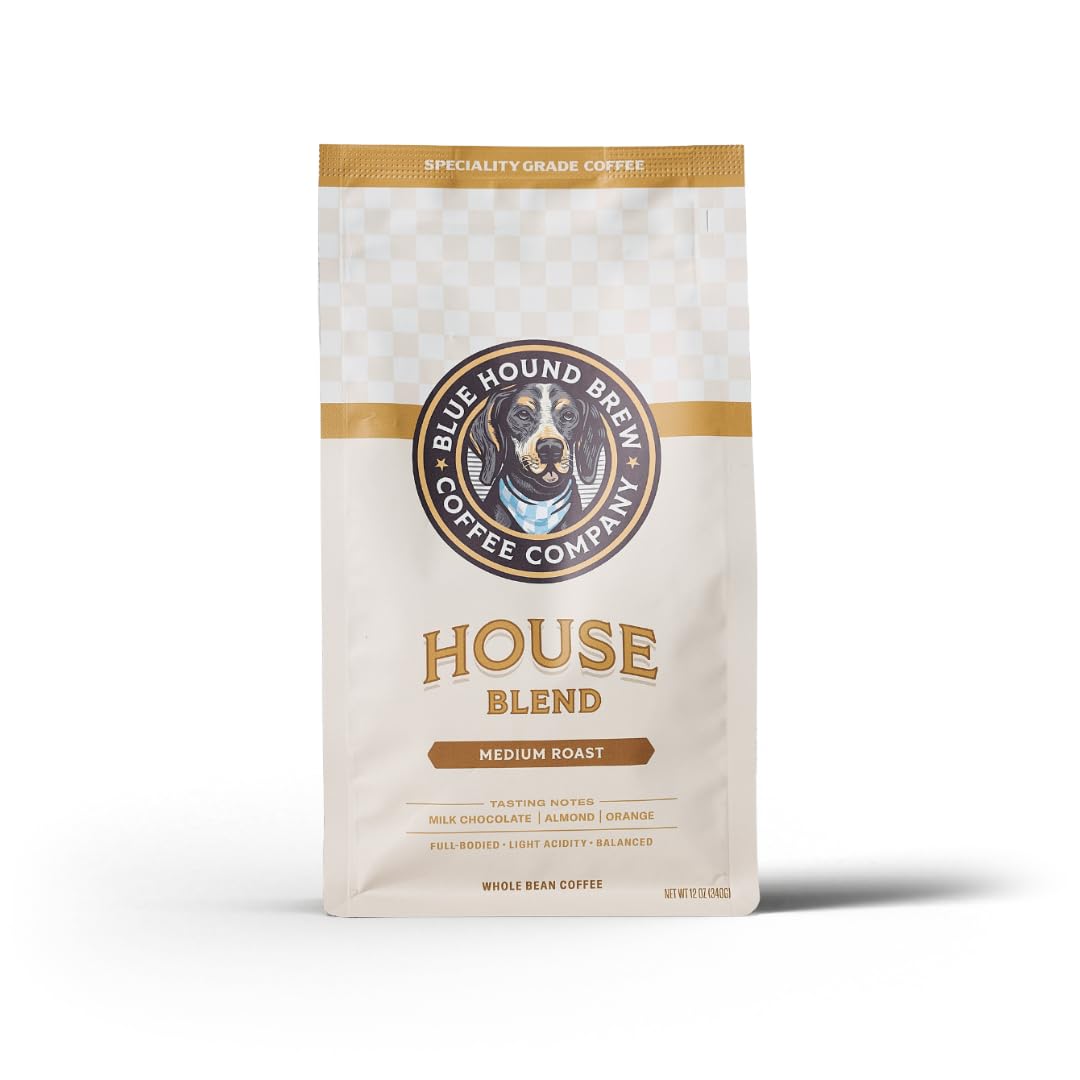 Blue Hound Brew House Blend Whole Bean Coffee, 12oz | Specialty Grade 100% Arabica, Colombia Costa Rica Brazil Blend, Medium Roast, Notes of Milk