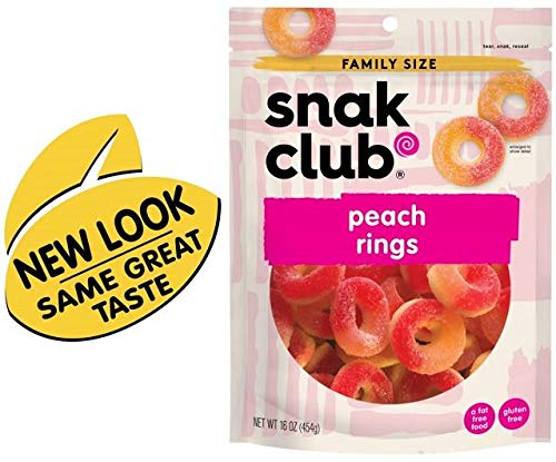 Snak Club Peach Rings Gummy Candy, 16 Ounce Bag (Pack of 6)