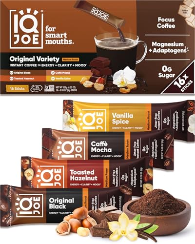 IQJOE Mushroom Coffee Packets - Variety Pack | 16 Stick Packs | Lion's Mane, Magnesium L-Threonate, Adaptogens | Instant Coffee for Jitter-Free Focus