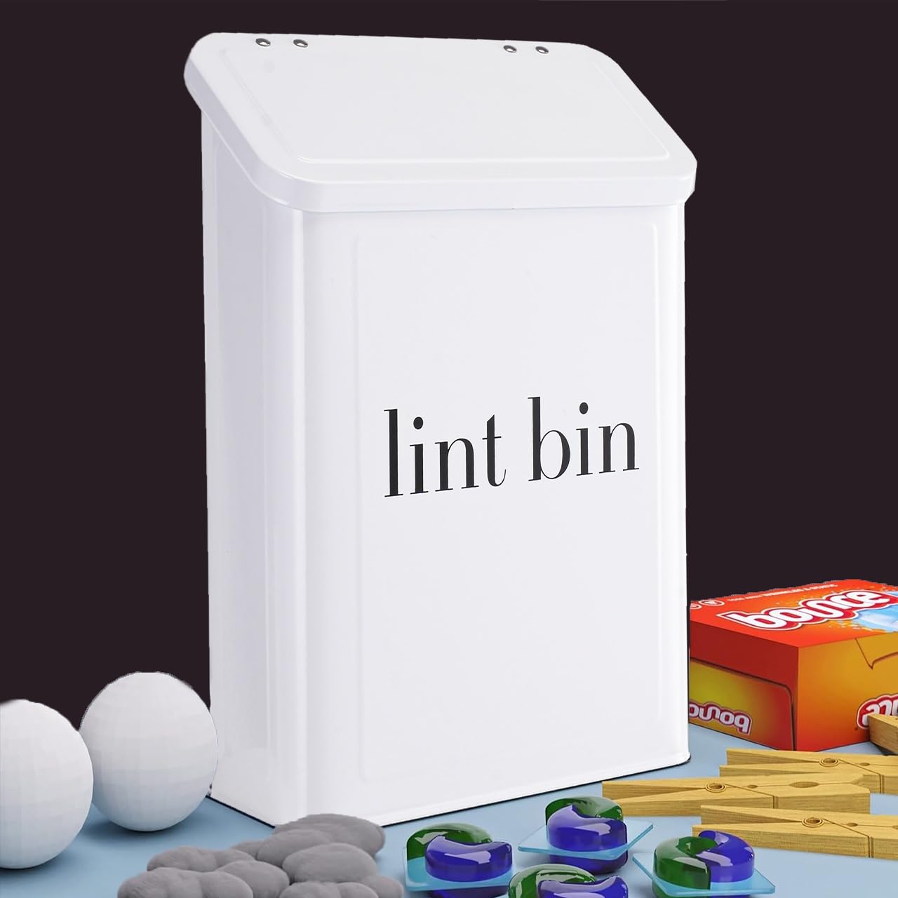 Magnetic Lint Bin with Lint Brush, Two White Hooks, one Black Back Side Hook & All Accessories for Laundry Room Decor, Wall-Mounted Lint Bin with Lid