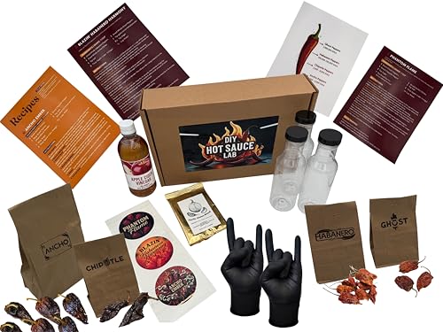 DIY Hot Sauce Kit Lab - Craft 3 Unique Chili Pepper Sauce Bottles Using Ghost Peppers, Chipotle, Ancho and Habanero - Everything includes to make 3