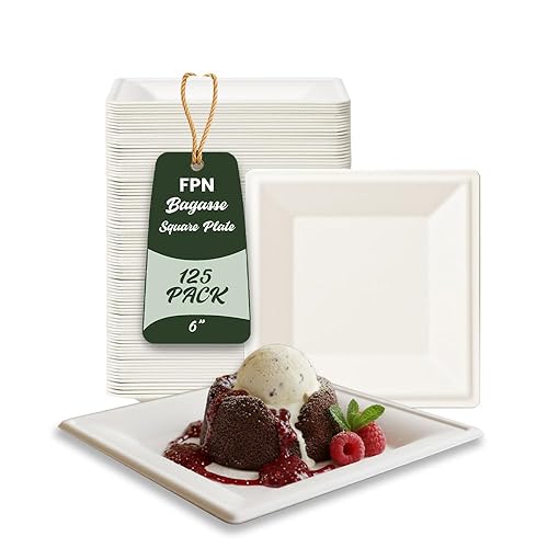 FPN Compostable Square Plates 6 Inch 125 Pack Heavy Duty Disposable Plates | Sugarcane Biodegradable Eco Friendly Dinnerware for Hot & Cold Food