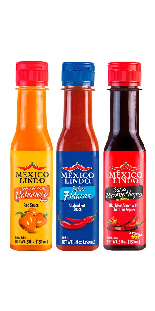 Mexico Lindo Tripack Best Flavors, Habanero Red, 7 Mares, & Picante Negra Xxxtra Hot Sauces, 5 Fl Oz Bottles (Pack of 3)