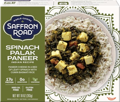 Saffron Road Frozen Spinach Palak Paneer - Seed Oil Free, No Artificial Ingredients, Gluten-Free, Vegetarian - 10 Ounce