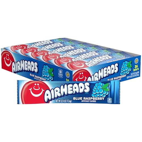 Airheads Full-Size Candy Bars, Taffy Candy Pack, Individually Wrapped Bulk Candy, Blue Raspberry Flavor Artificially Flavored, 36 Count Box