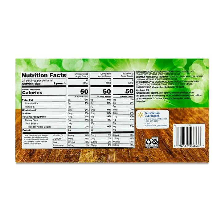 Great Value Applesauce Pouches Variety Pack, Apple, Cinnamon & Strawberry, 3.2 oz, 24 Count, Gluten-Free, 2-Pack