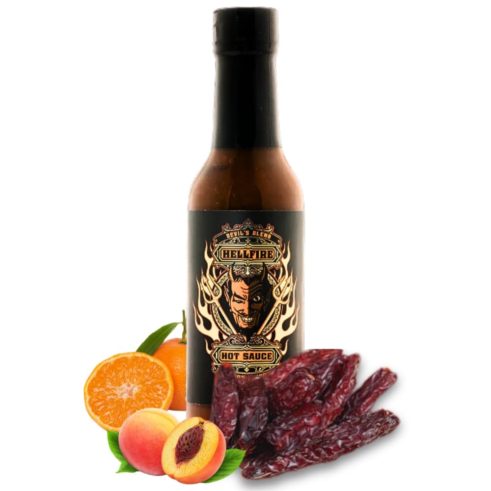Hellfire Devil's Blend Bourbon Chipotle Hot Sauce, Bourbon Infused Chipotle Peppers, Smoked Habaneros, and Exotic Fruits and Spices, Gourmet,