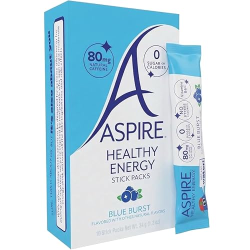 ASPIRE® Blue Burst, Healthy Energy Powder Sticks 80mg Natural Caffeine, Zero Sugar No Carbs Keto Friendly, 10 Stick Packs with Vitamins B & C, Zero