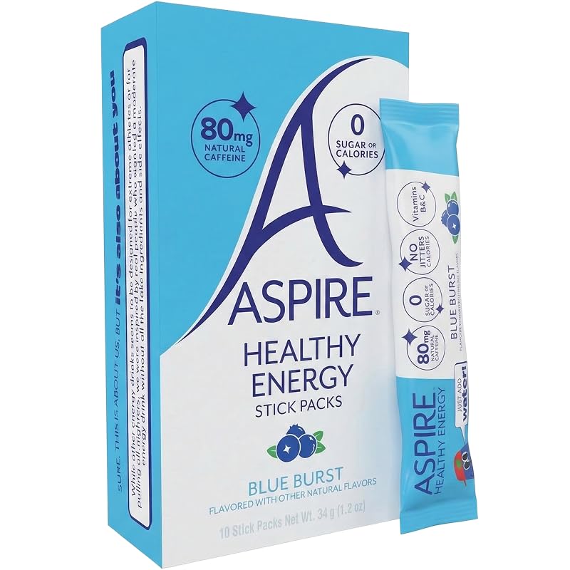 ASPIRE® Blue Burst, Healthy Energy Powder Sticks 80mg Natural Caffeine, Zero Sugar No Carbs Keto Friendly, 10 Stick Packs with Vitamins B & C, Zero