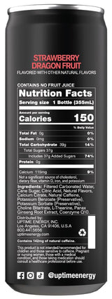 UPTIME Energy Drink, Strawberry Dragon Fruit Cane Sugar, 12 Pack, Vitamin C, L Theanine, Calcium, Energy Drinks for Focus Support, 142mg of Natural
