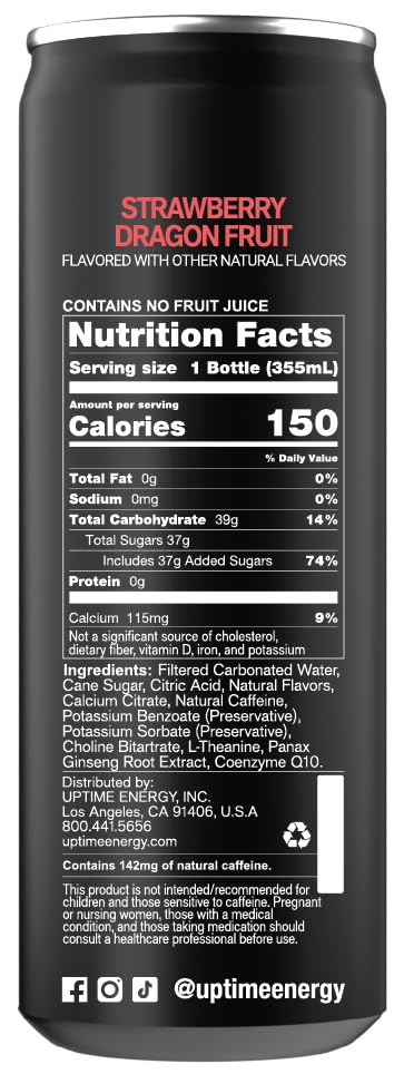UPTIME Energy Drink, Strawberry Dragon Fruit Cane Sugar, 12 Pack, Vitamin C, L Theanine, Calcium, Energy Drinks for Focus Support, 142mg of Natural