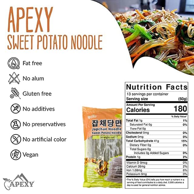APEXY Sweet Potato Glass Noodles Straight Cut, Japchae Noodles, Korean Vermicelli Pasta, Fat-free and Gluten-free, 100% Sweet Potato Starch, No