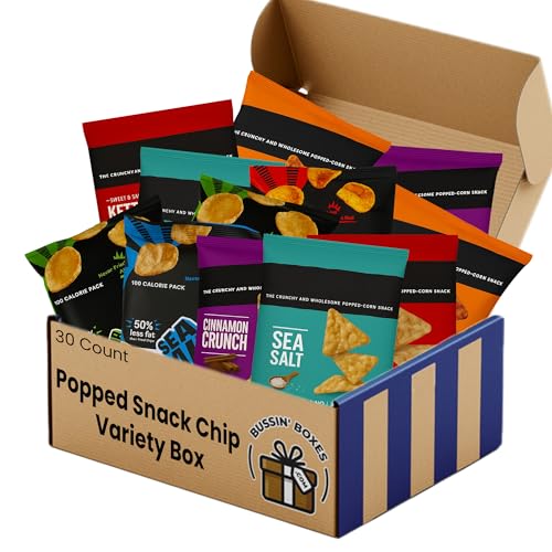 Popped Snack Variety Pack - 30 Count Snack Box with Air-Popped and Crunchy Chip Alternatives - Individually Wrapped Bags Assembled by Bussin Boxes