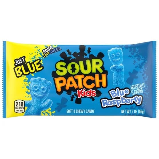 Sour Patch Kids Blue Raspberry Candy, Soft & Chewy Gummies, Sour Then Sweet, 2 oz Individual Bags, Bulk Pack (24 Count), Party Snacks & Lunchbox