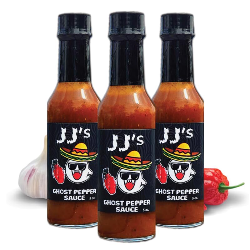 JJ's Ghost Pepper Hot Sauce, 5 oz, Spicy Sauce for Tacos, Wings, Seafood and More - Made in USA - 3 pack