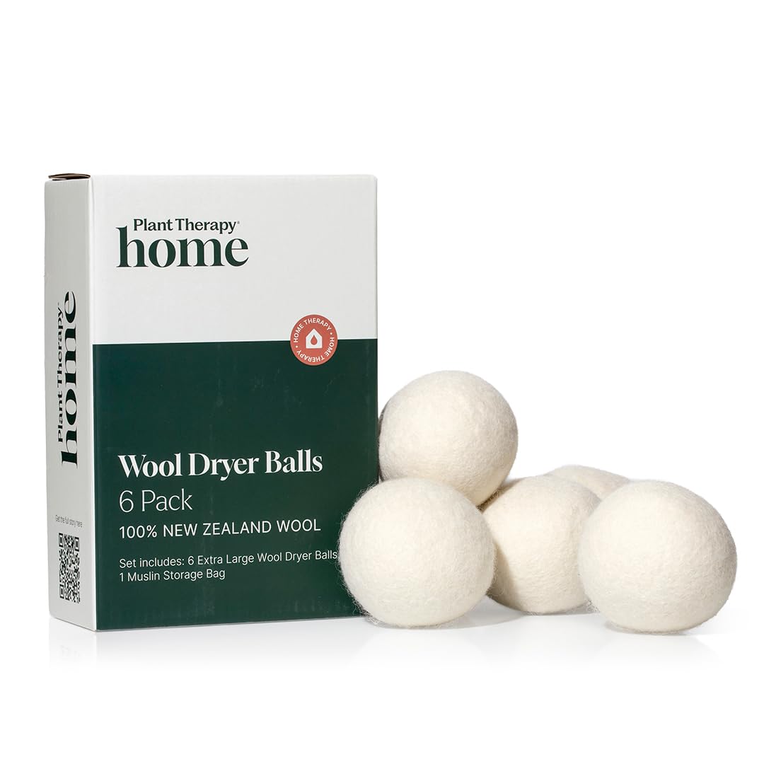 Plant Therapy Home Wool Dryer Balls 6-Pack 100% New Zealand Wool, Extra Large, Eco-Friendly, Reusable Natural Fabric Softener, All Natural & Chemical