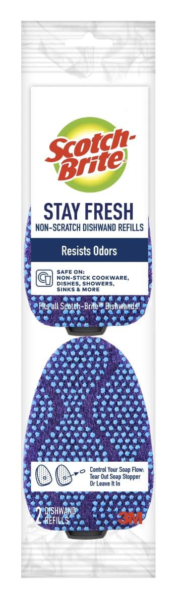 Scotch-Brite Odor Resist Non-Scratch Dishwand Refill, 2 Dish Wand Sponge Refills, Removes Stuck-on Food, Best for Nonstick Pots and Pans, Glass, Tubs