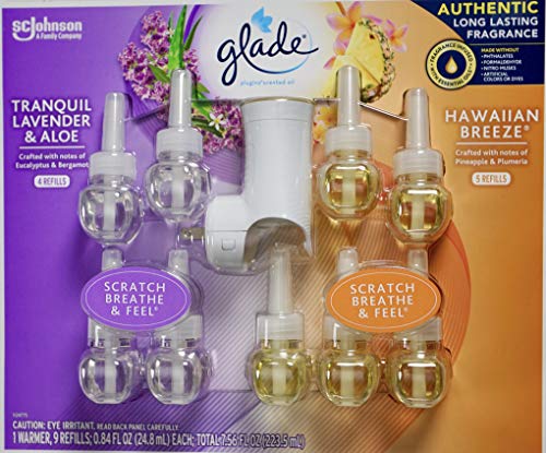 Glade Plugins Lavender Aloe & Hawaiian Breeze, 9 Scented Oil Refills and 1 Warmer